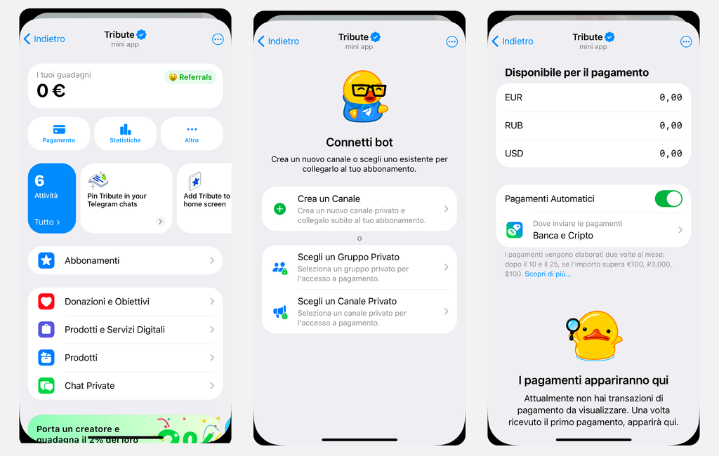 Con Tribute puoi vendere abbonamenti, accettare donazioni e vendere prodotti su Telegram
