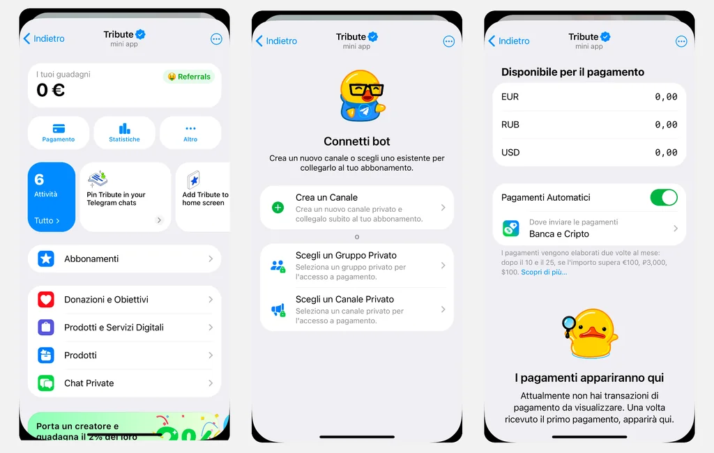 Con Tribute puoi vendere abbonamenti, accettare donazioni e vendere prodotti su Telegram