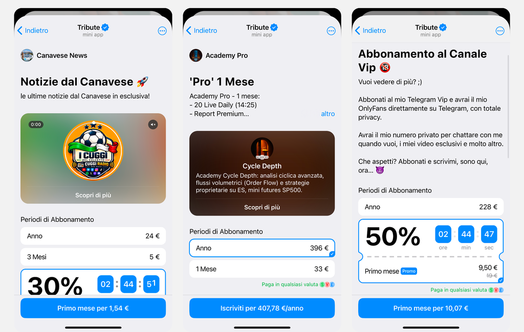 Esempi di canali Telegram che vendono abbonamenti con Tribute