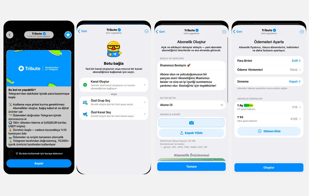Tribute botu ile Telegram’da ücretli abonelik oluşturma ve ödeme ayarlarını yapılandırma adımları