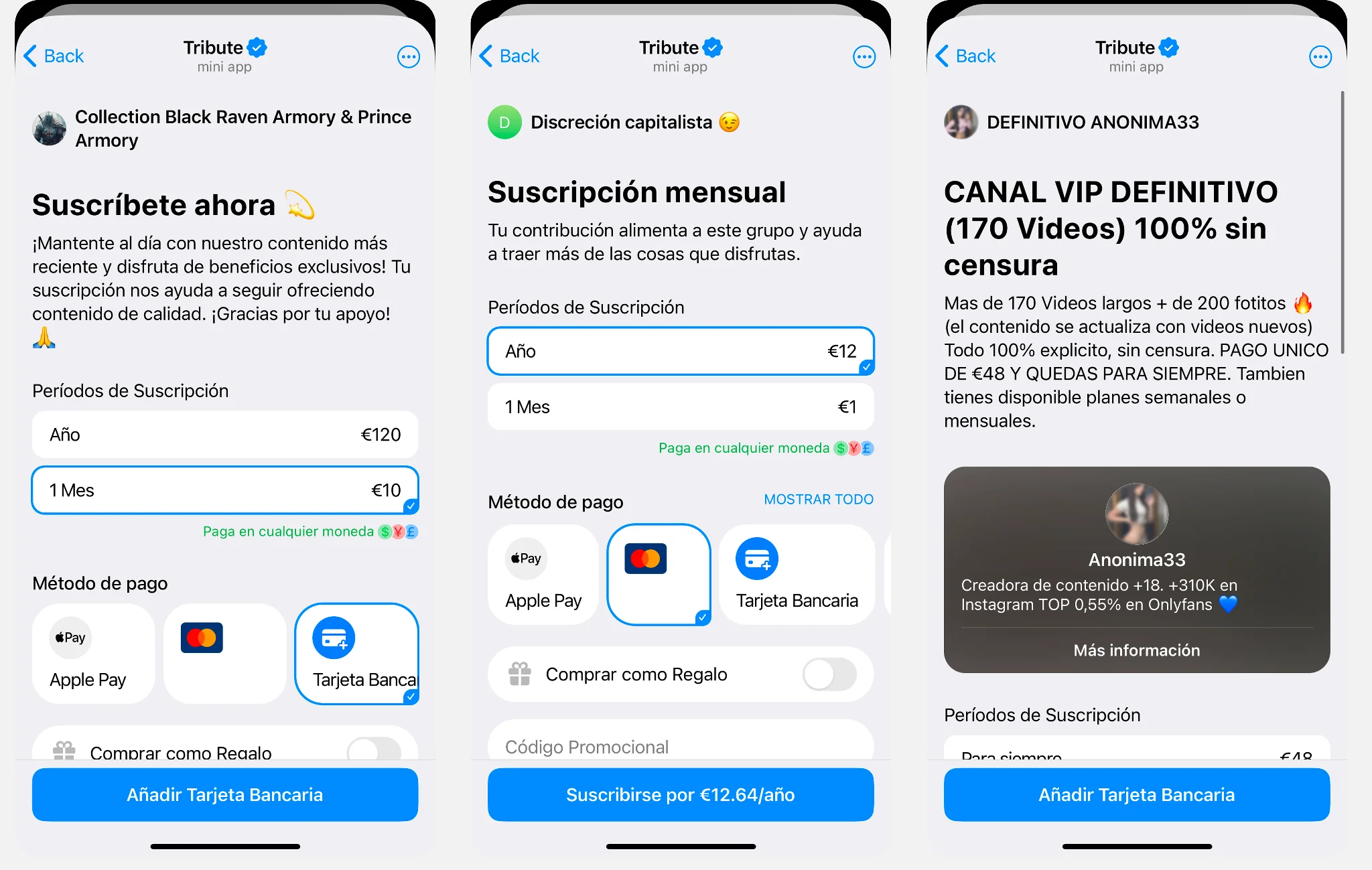 Ejemplos de canales de pago en Telegram que gestionan sus pagos con el bot de Tribute