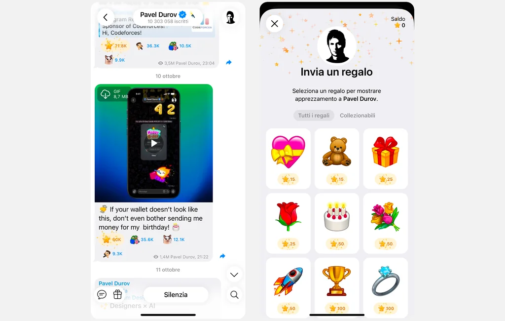 Con le Stelle di Telegram puoi sostenere un post con una reazione o fare un regalo a un altro utente